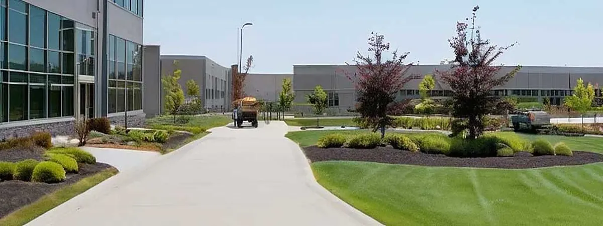 Commercial campus entry with lawn, trees and landscaped beds