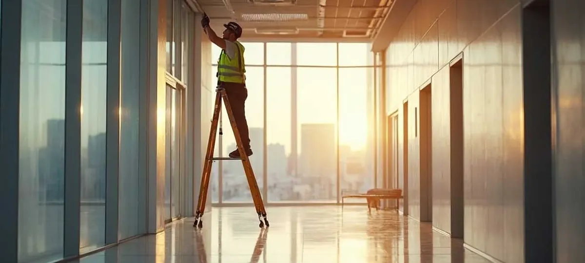Technician servicing ceiling fixtures in a commercial corridor