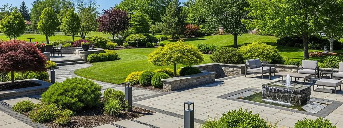 Landscaped courtyard with paver patio, stone seat walls, fountain and planted beds