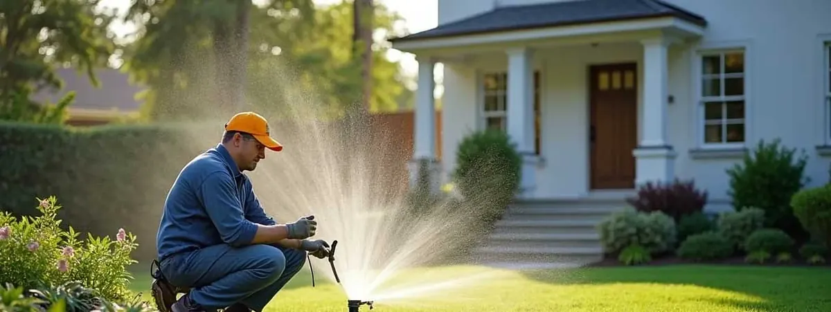 Technician adjusting a sprinkler in front of a home
