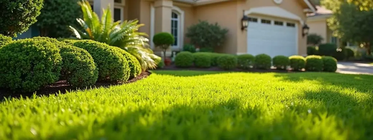 Thick green lawn with rounded shrubs and palms in front of a home
